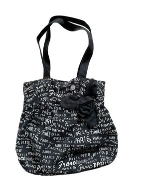 Vintage Black 'Paris' Print Bow Shoulder Bag